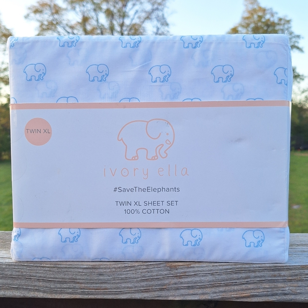 NEW Ivory Ella Twin XL Bed Sheets Save the Elephants Blue Print 100% Cotton RARE
